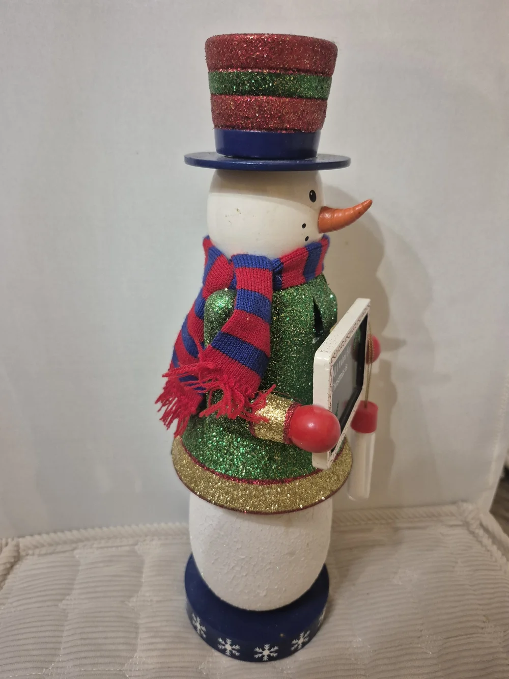 Festive Green Glitter Snowman Holiday Nutcracker with Red & Blue Accents
